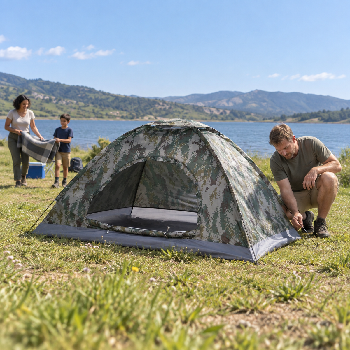 ABRIGO en camuflaje durante el montaje de un campamento familiar
