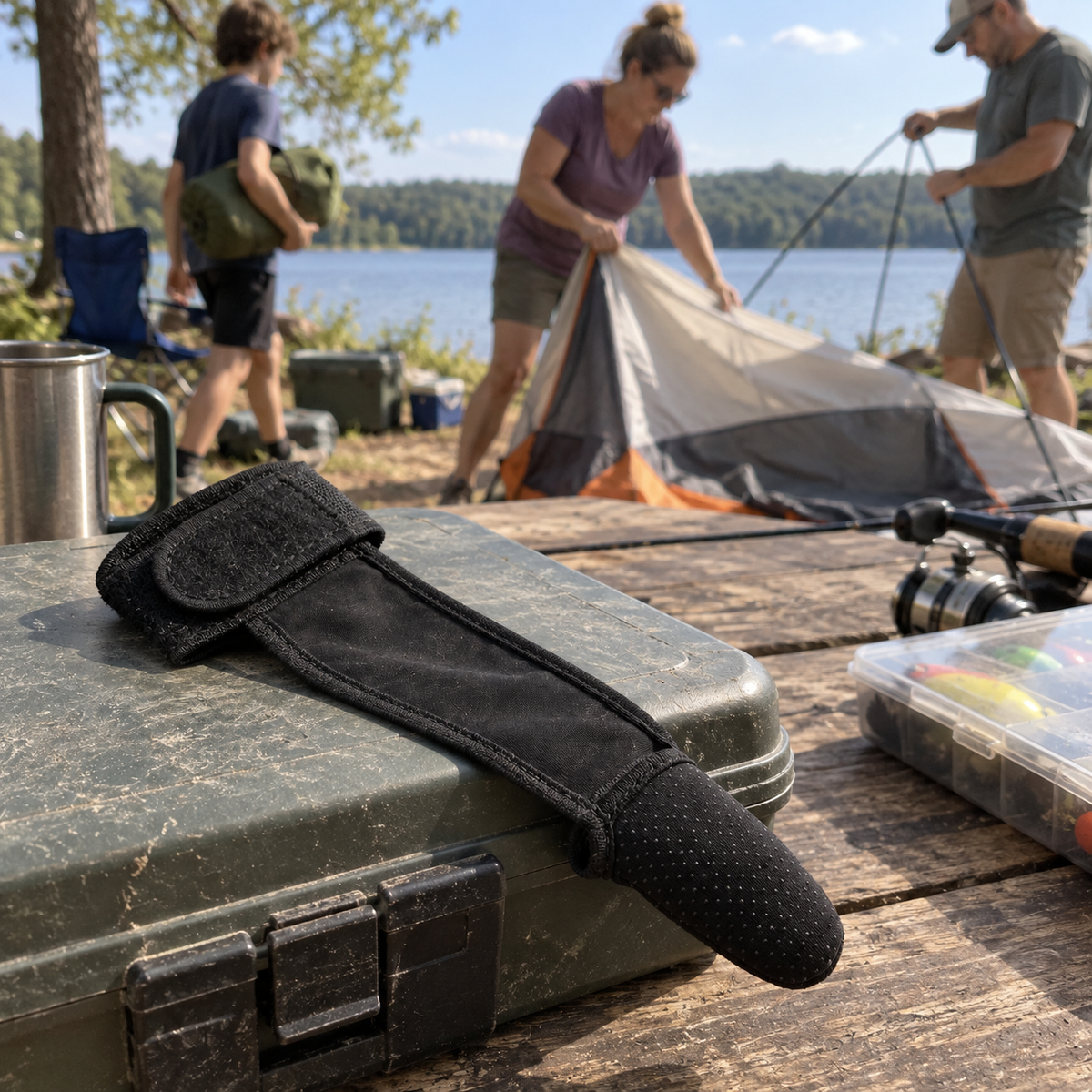 ALFORJA pieza negra sobre caja de pesca en campamento familiar