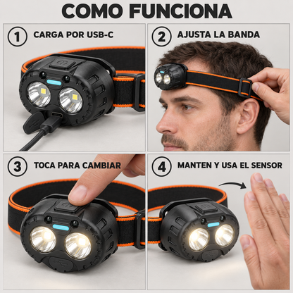 Linterna Frontal Recargable con Sensor — LUCERO
