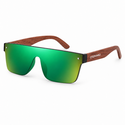 CLARABOYA Madera · Mica espejo verde — Lentes polarizados tipo escudo con varillas de madera | Otervano