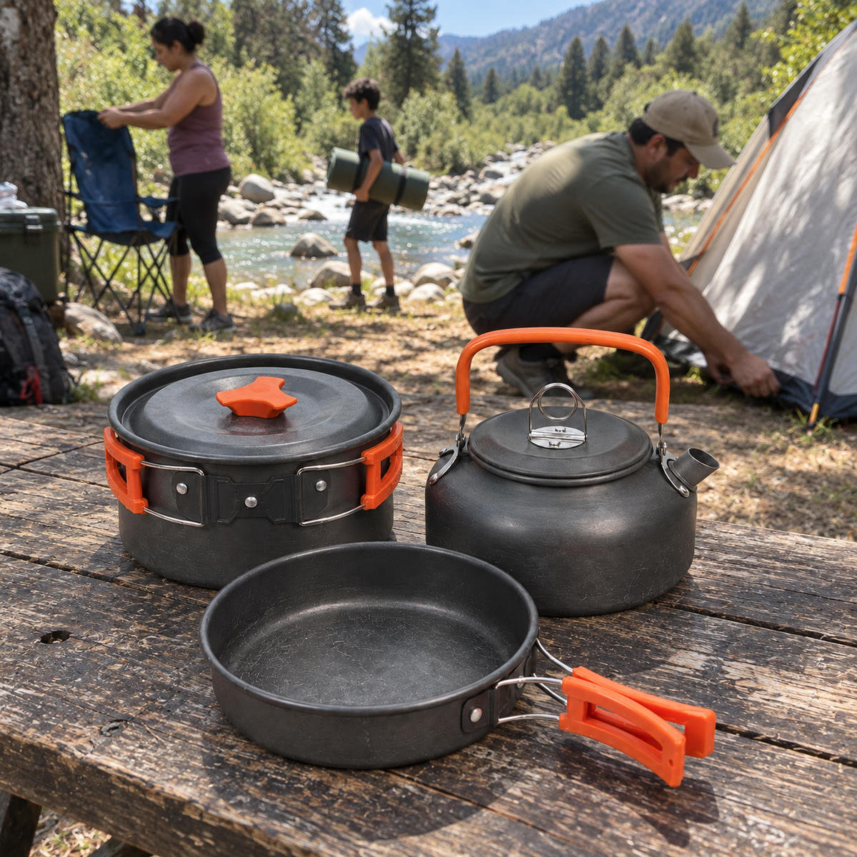 FOGÓN camping familia gris naranja