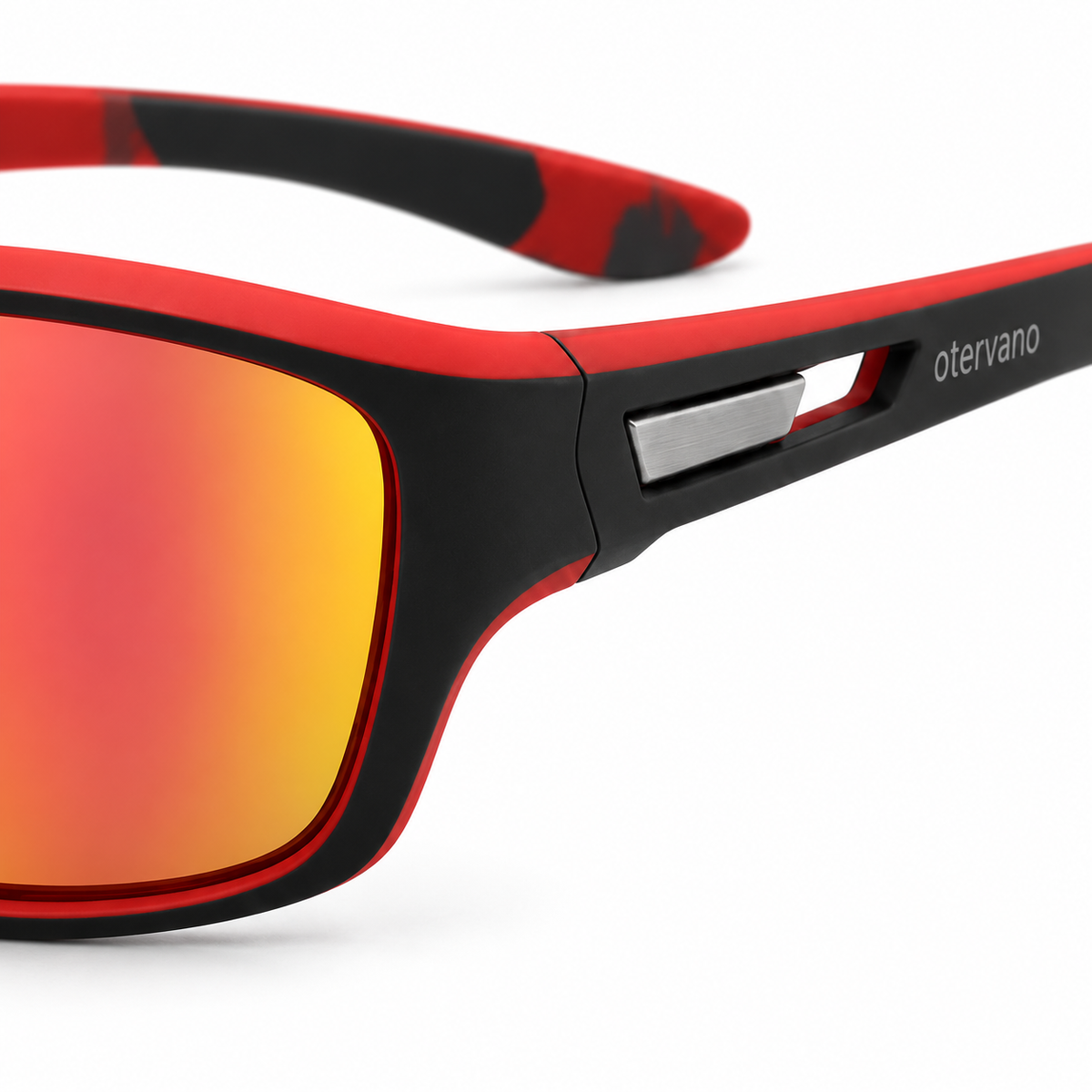 LADERA-BRASA — Negro y rojo · Mica espejo naranja — Detalle de la montura