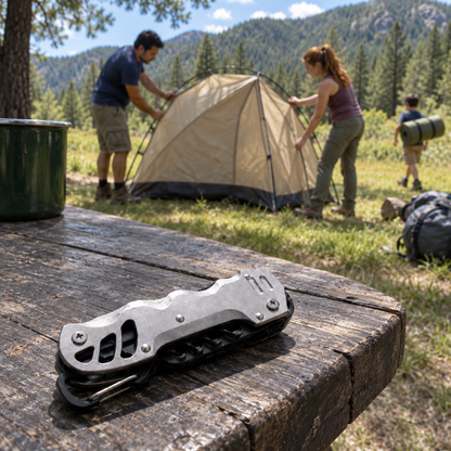 ACERO plata junto a un campamento familiar
