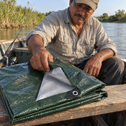 ALERO lona verde junto a un pescador en barco