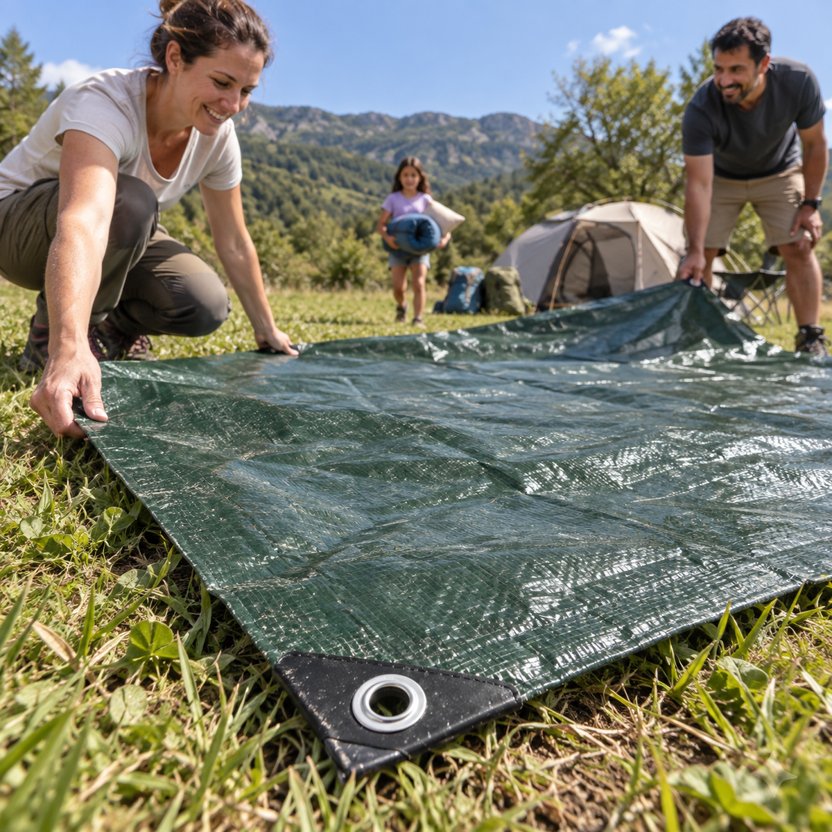 ALERO lona verde durante el montaje del campamento familiar