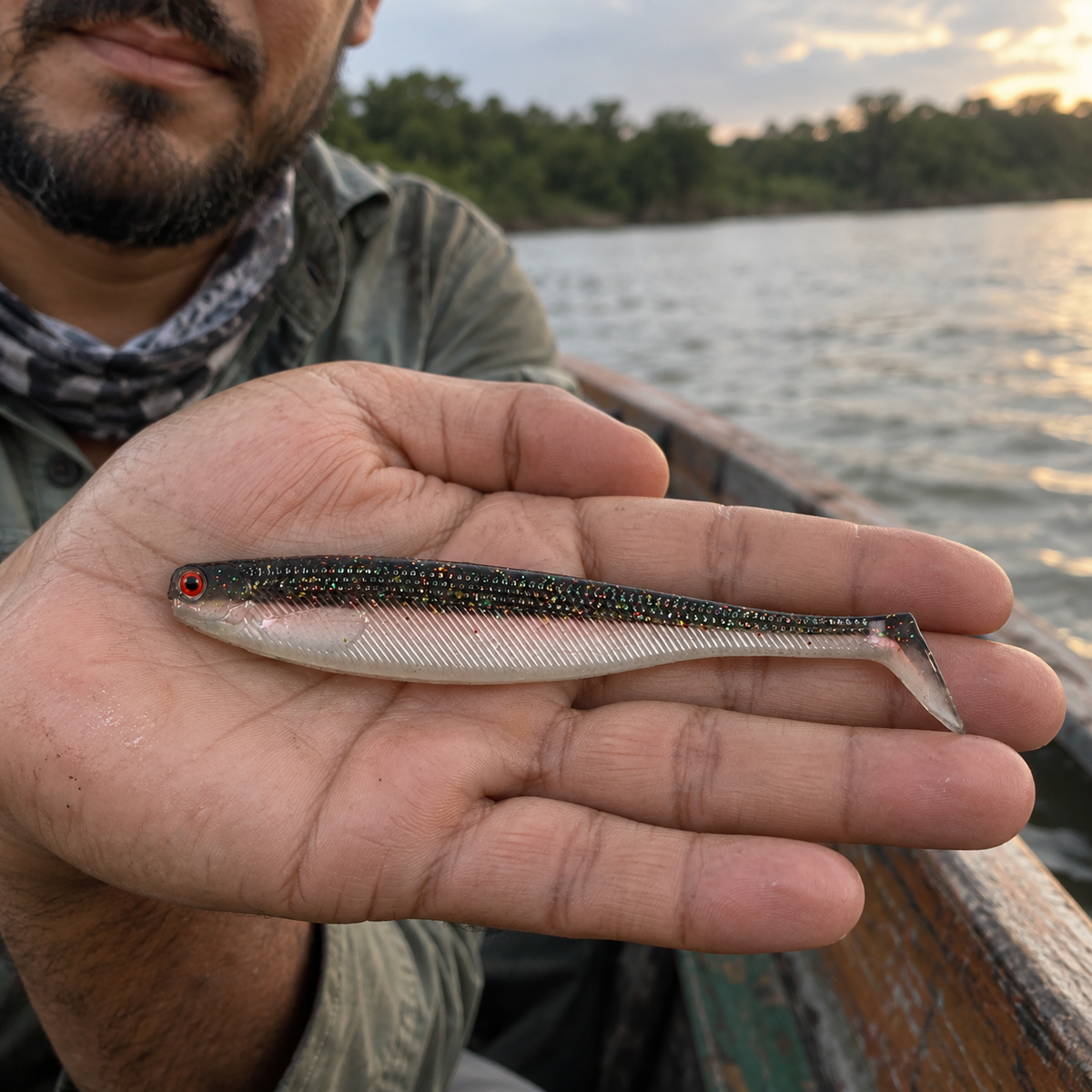 ALEVÍN señuelo negro y perla en barco de pesca
