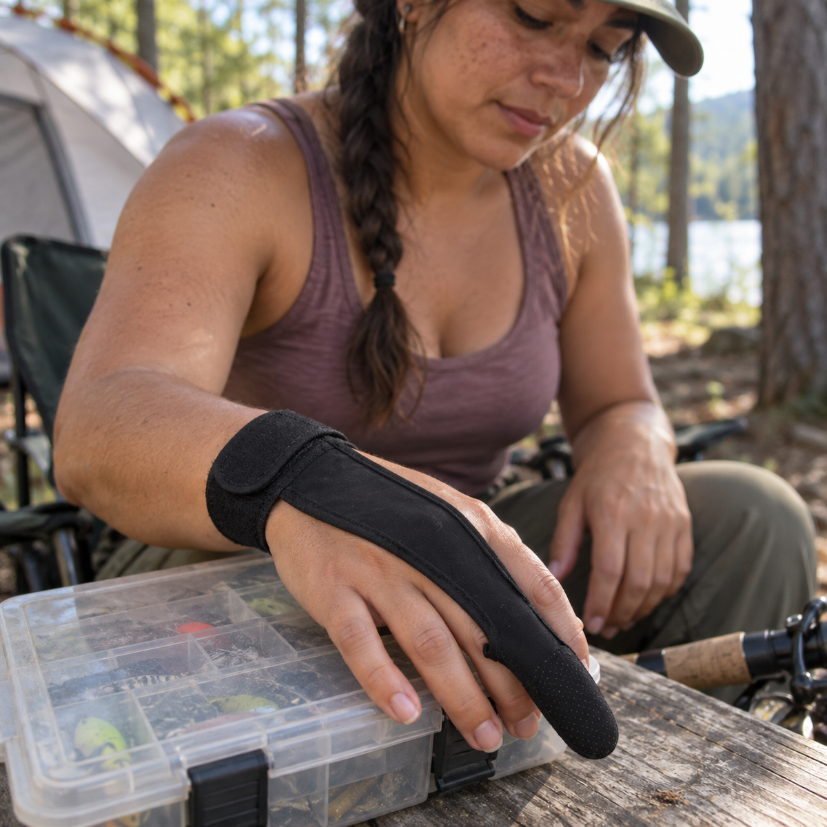 ALFORJA pieza negra en preparación de pesca en el campamento